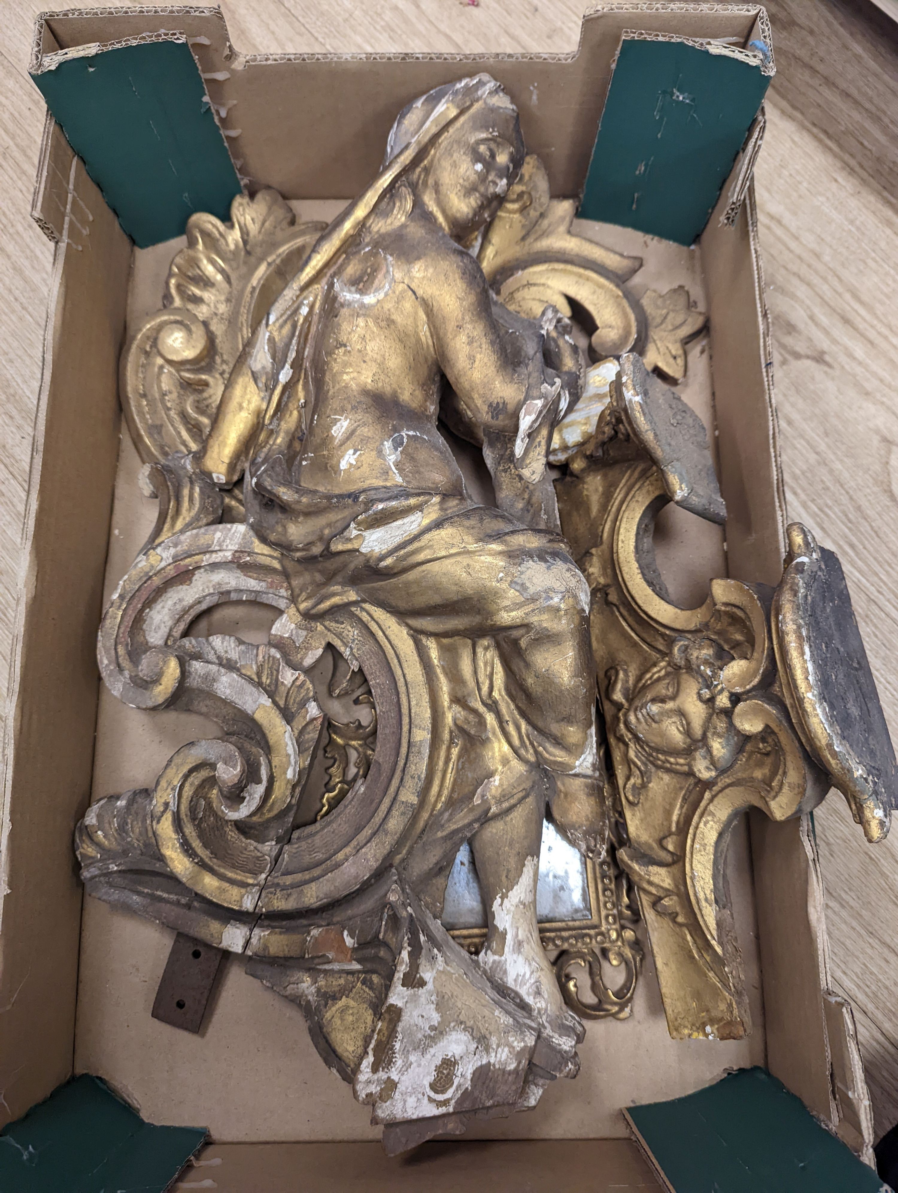 A 19th century carved giltwood female figure and other gilt wood items, Gilt figure 57 cms high.